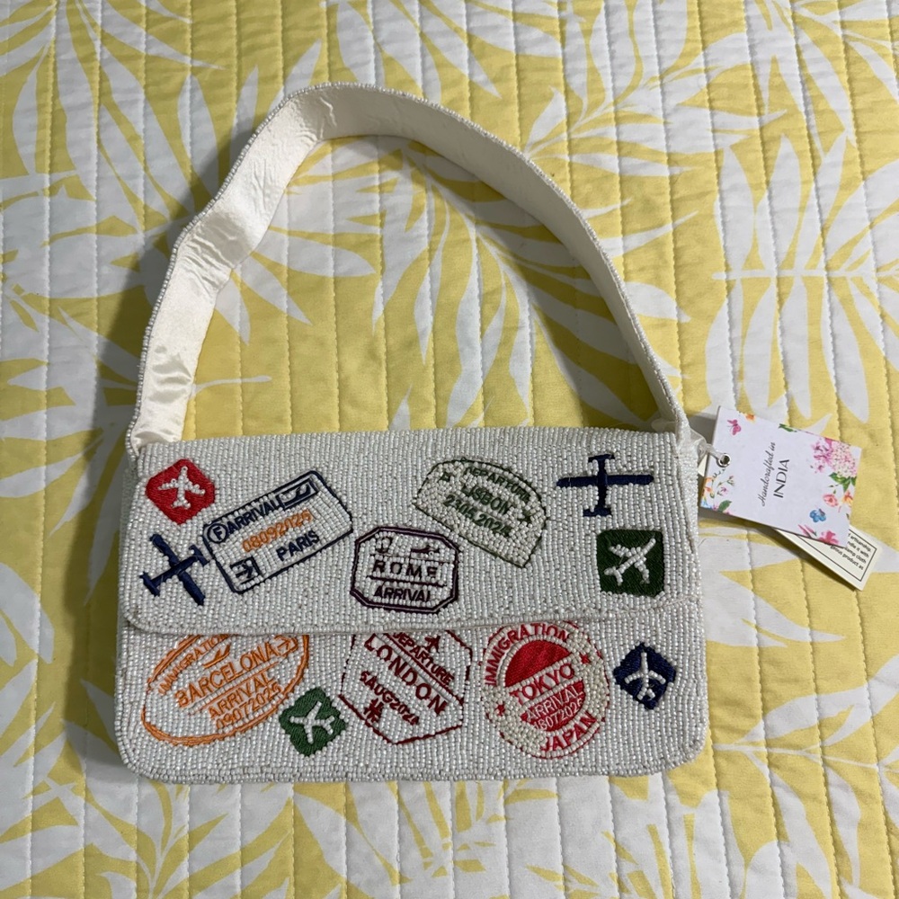 Travel Stamp Beaded Shoulder Bag